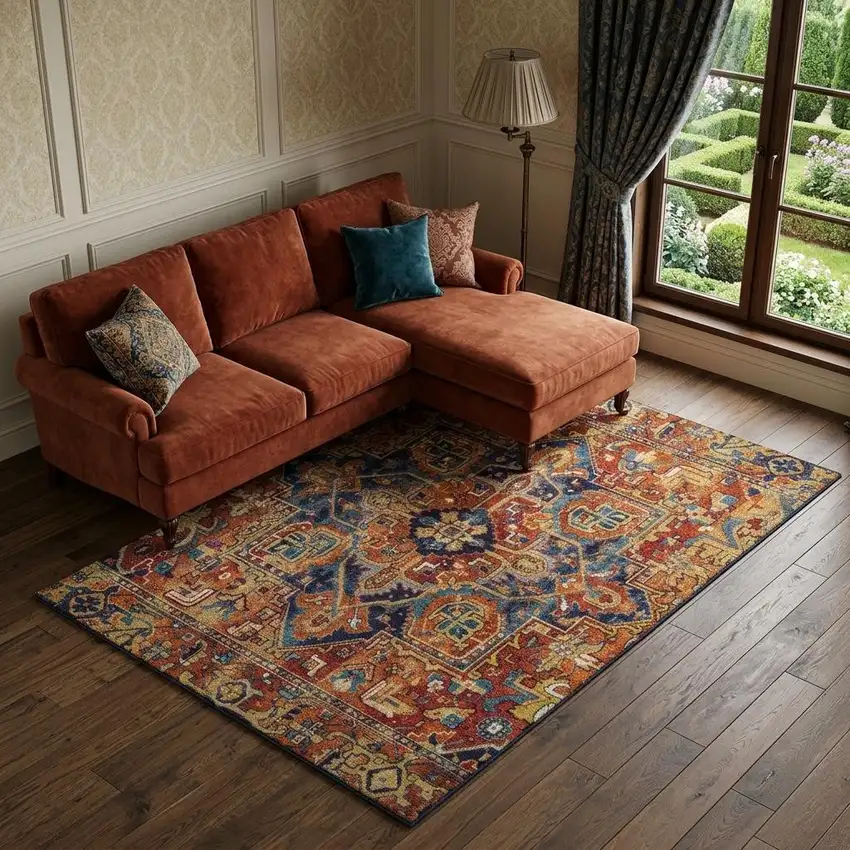 Rust Blue And Gold Oriental Washable Area Rug With UV Protection Photo 1
