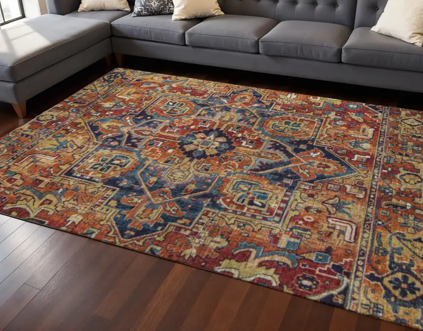 Rust Blue And Gold Oriental Washable Area Rug With UV Protection Photo 2