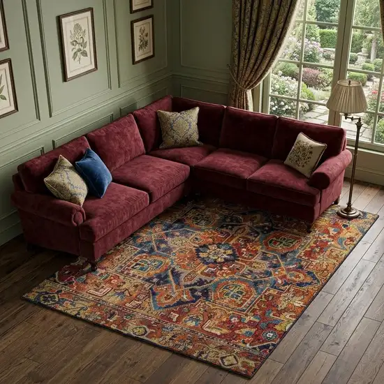 Rust Blue And Gold Oriental Washable Area Rug With UV Protection Photo 1