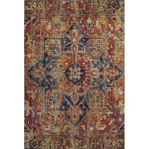 Photo of Rust Blue And Gold Oriental Washable Area Rug With UV Protection
