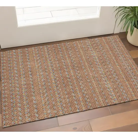 Rust Blue And Gold Striped Washable Area Rug With UV Protection Photo 1