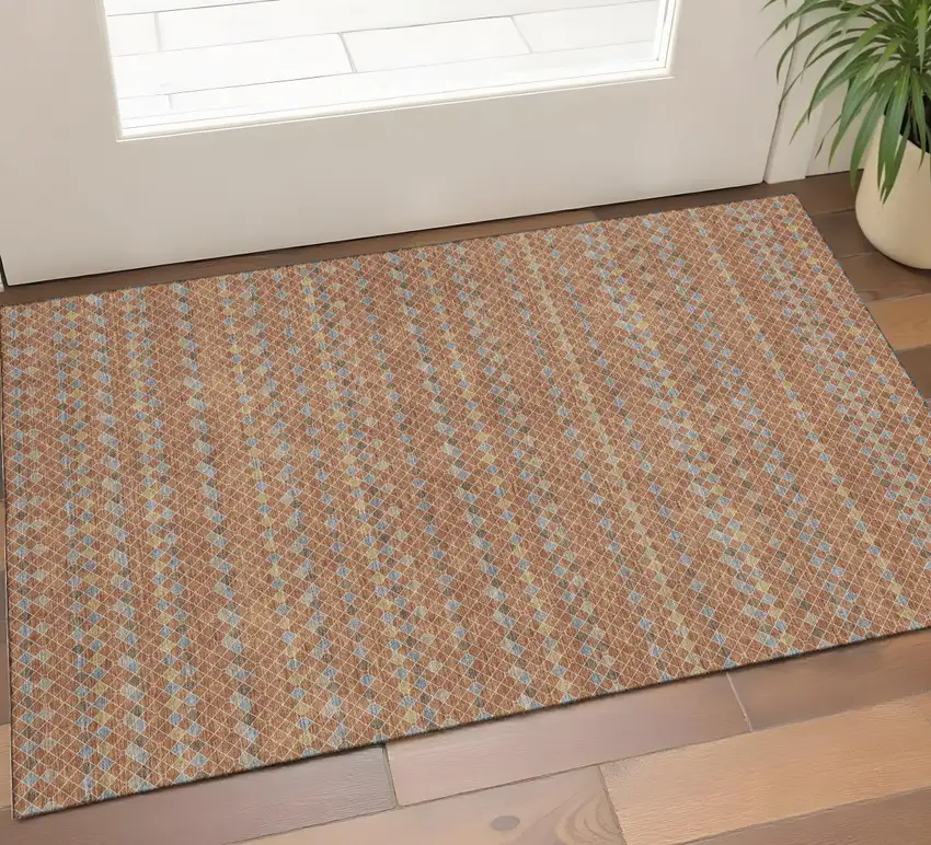 Rust Blue And Gold Striped Washable Area Rug With UV Protection Photo 1