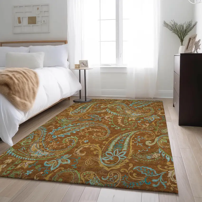 Rust Blue And Green Paisley Washable Area Rug With UV Protection Photo 6