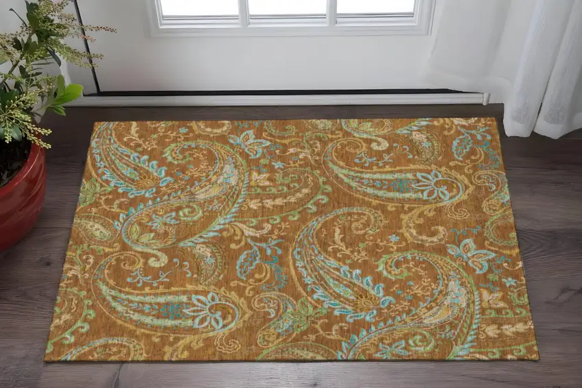 Rust Blue And Green Paisley Washable Area Rug With UV Protection Photo 2