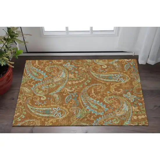 Rust Blue And Green Paisley Washable Area Rug With UV Protection Photo 3