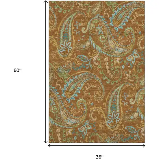 Rust Blue And Green Paisley Washable Area Rug With UV Protection Photo 3