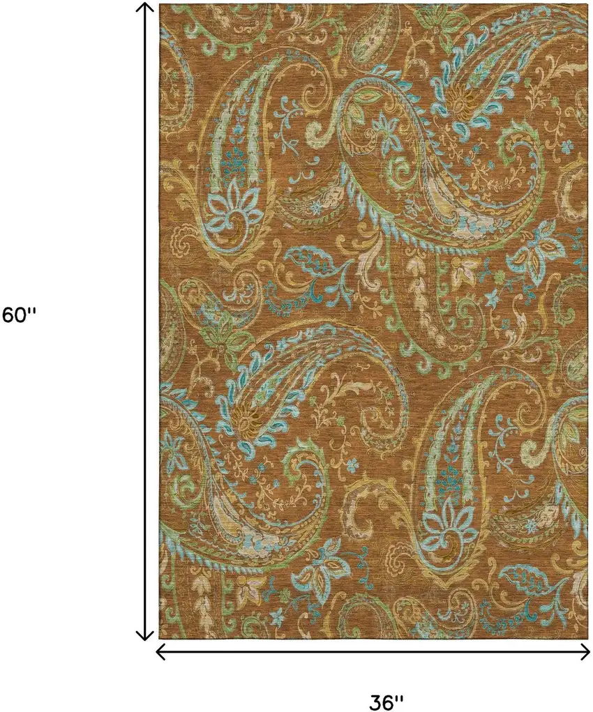 Rust Blue And Green Paisley Washable Area Rug With UV Protection Photo 3