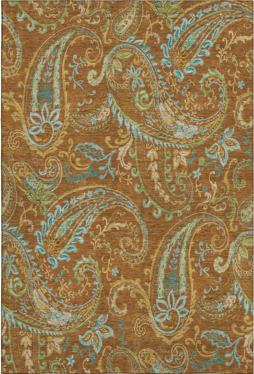 Rust Blue And Green Paisley Washable Area Rug With UV Protection Photo 1