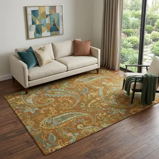Rust Blue And Green Paisley Washable Area Rug With UV Protection Photo 1