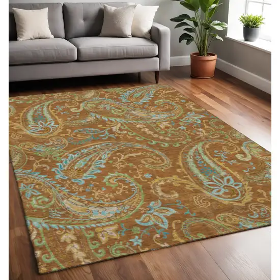 Rust Blue And Green Paisley Washable Area Rug With UV Protection Photo 2