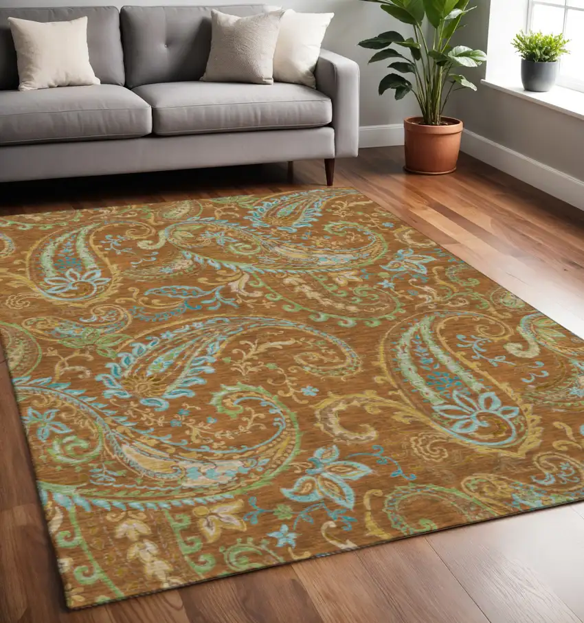 Rust Blue And Green Paisley Washable Area Rug With UV Protection Photo 2