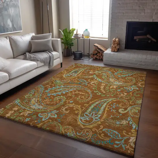 Rust Blue And Green Paisley Washable Area Rug With UV Protection Photo 6