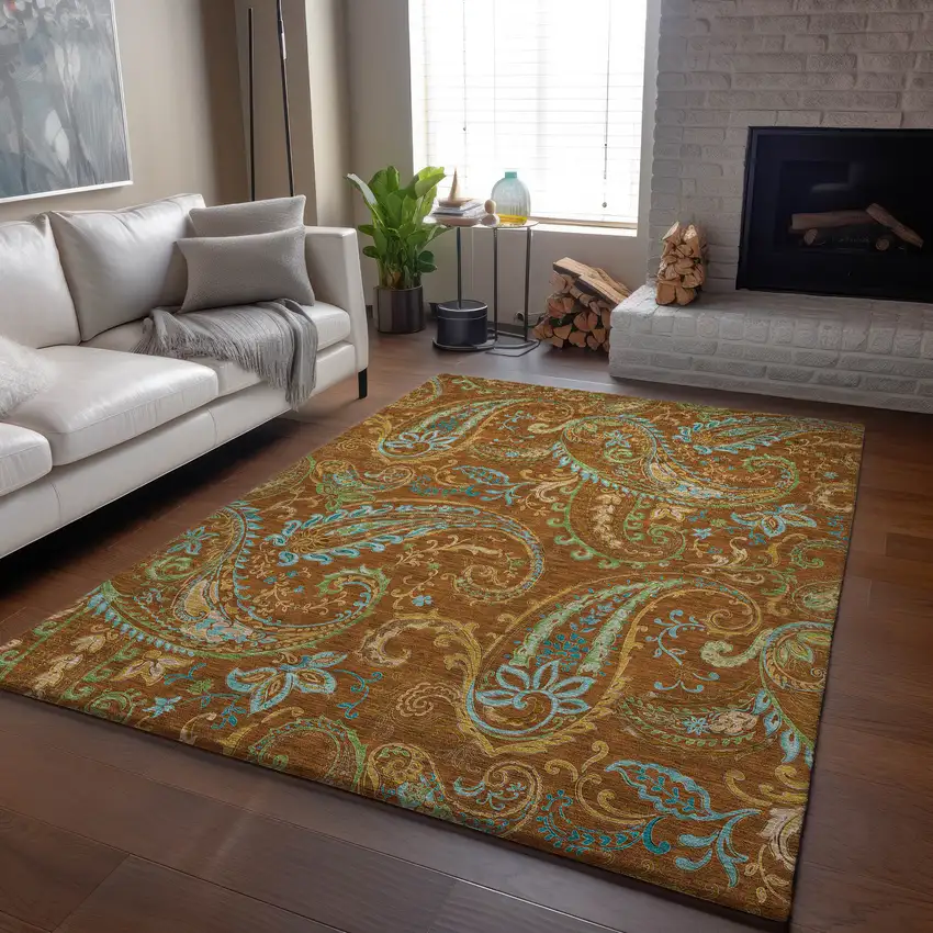 Rust Blue And Green Paisley Washable Area Rug With UV Protection Photo 6
