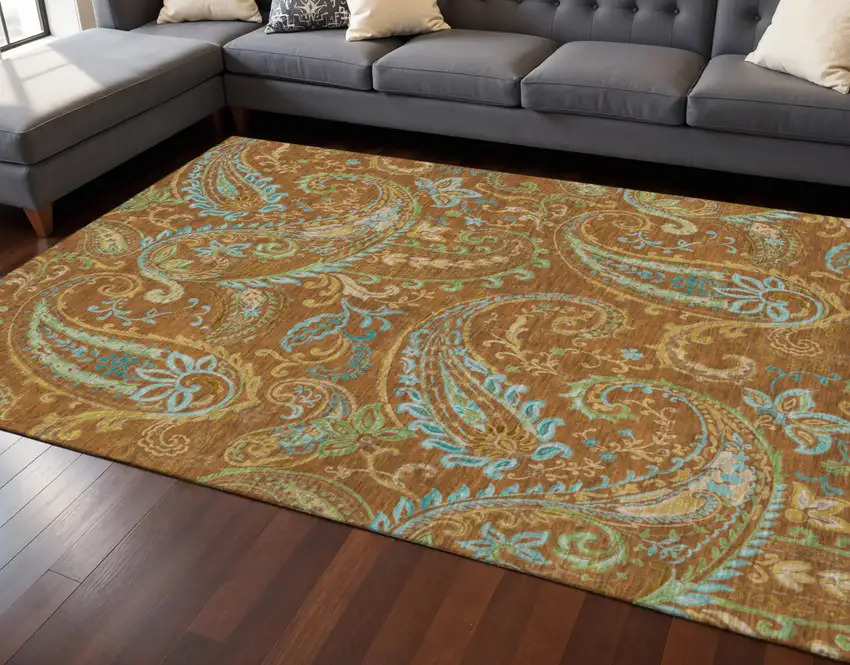 Rust Blue And Green Paisley Washable Area Rug With UV Protection Photo 2