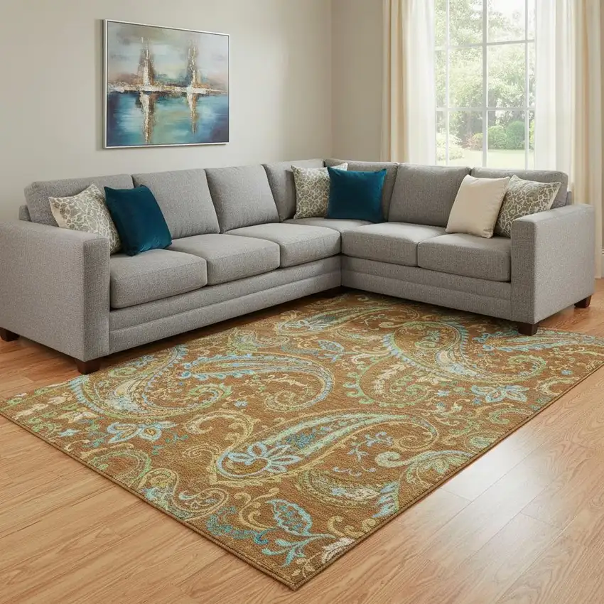 Rust Blue And Green Paisley Washable Area Rug With UV Protection Photo 1