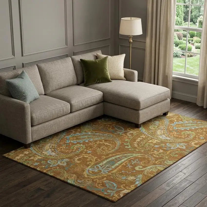 Rust Blue And Green Paisley Washable Area Rug With UV Protection Photo 1