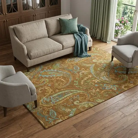 Rust Blue And Green Paisley Washable Area Rug With UV Protection Photo 1