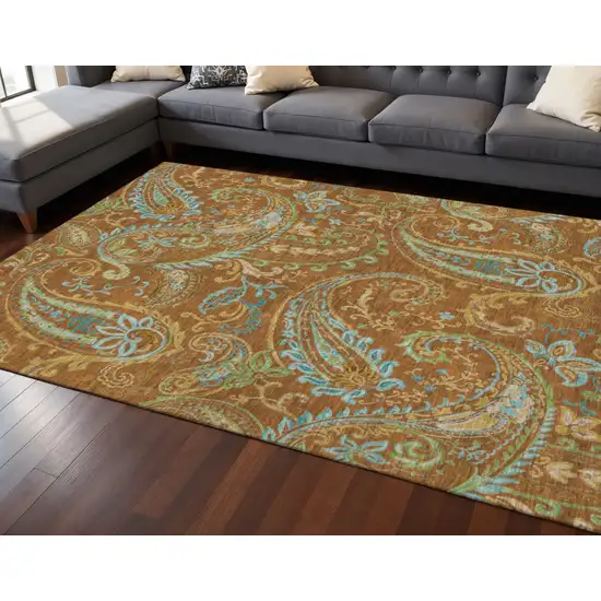 Rust Blue And Green Paisley Washable Area Rug With UV Protection Photo 2