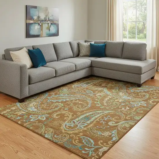 Rust Blue And Green Paisley Washable Area Rug With UV Protection Photo 1
