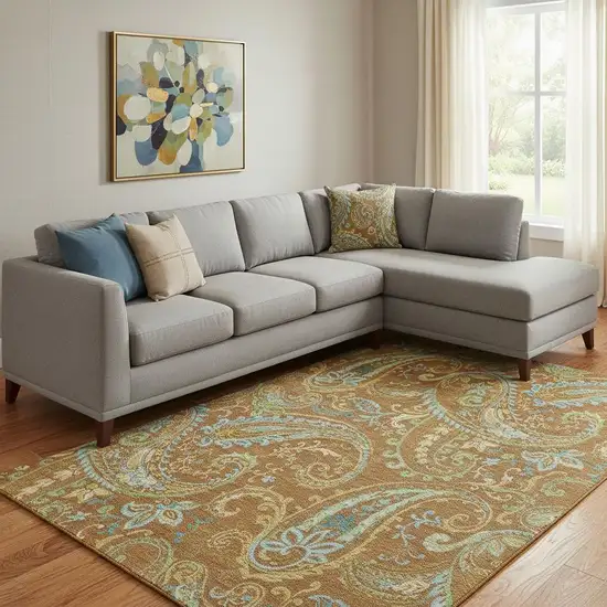 Rust Blue And Green Paisley Washable Area Rug With UV Protection Photo 1