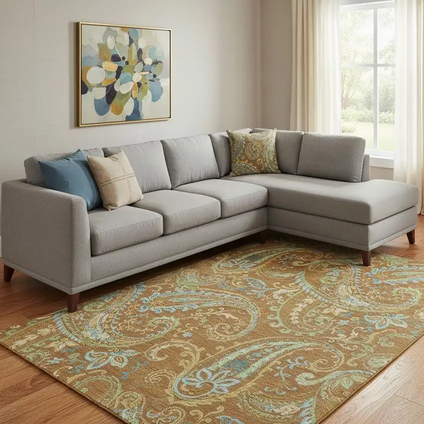 Rust Blue And Green Paisley Washable Area Rug With UV Protection Photo 1