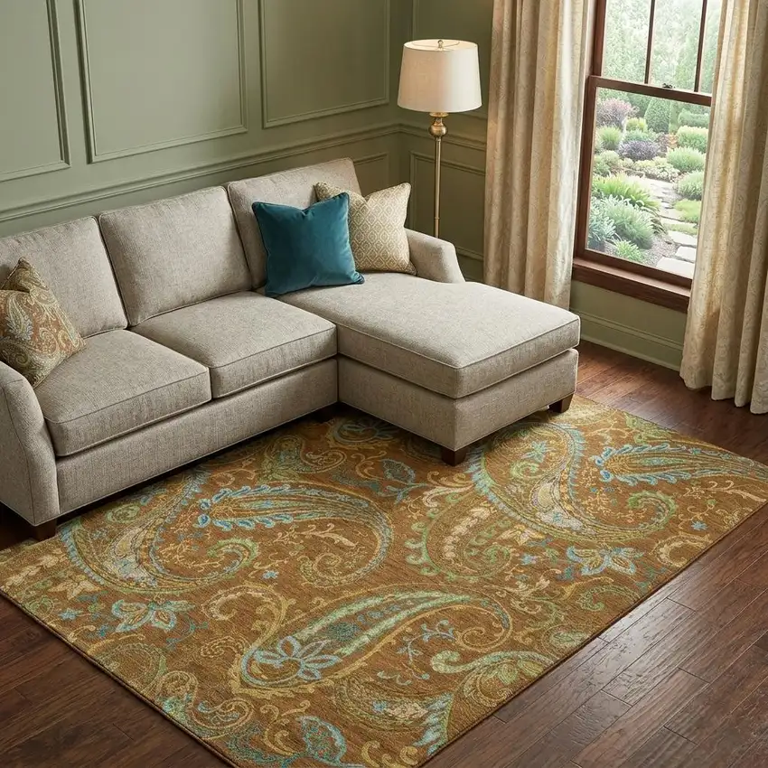 Rust Blue And Green Paisley Washable Area Rug With UV Protection Photo 1