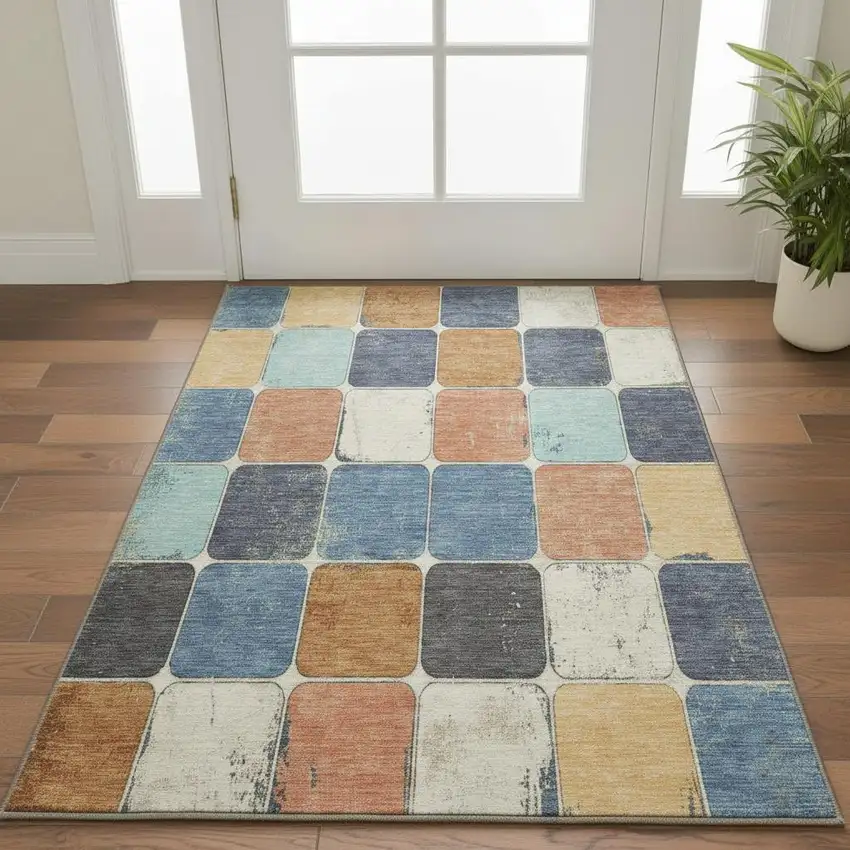 Rust Blue And Ivory Geometric Washable Area Rug With UV Protection Photo 2