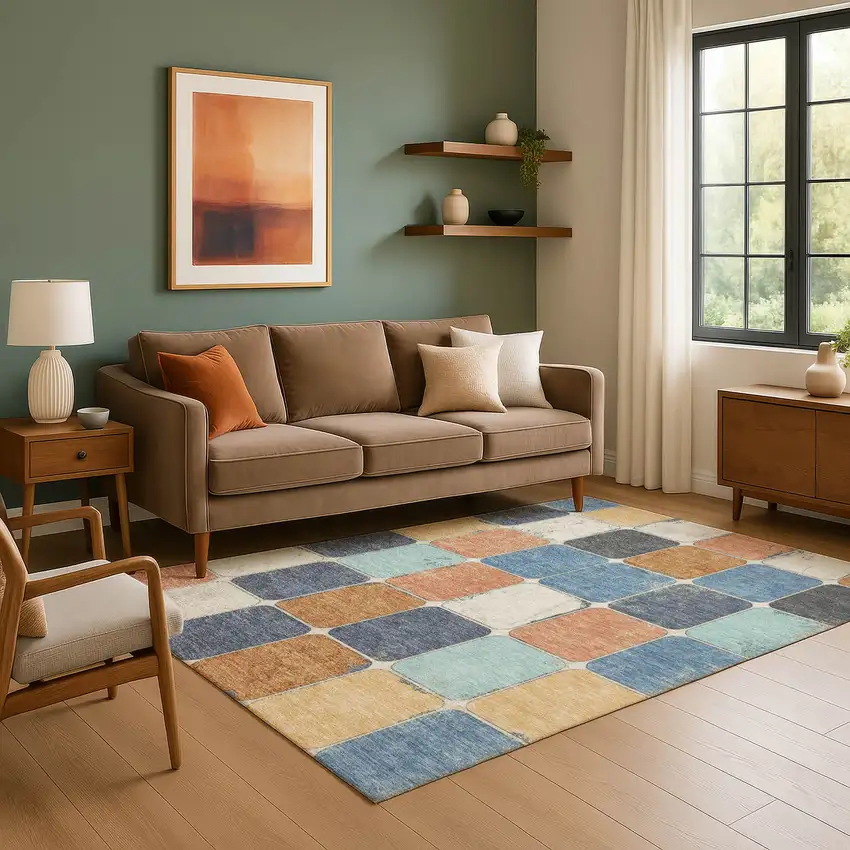 Rust Blue And Ivory Geometric Washable Area Rug With UV Protection Photo 6