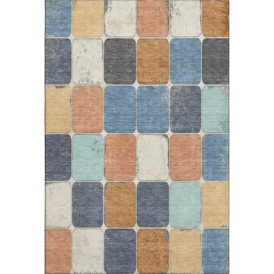 Rust Blue And Ivory Geometric Washable Area Rug With UV Protection Photo 1
