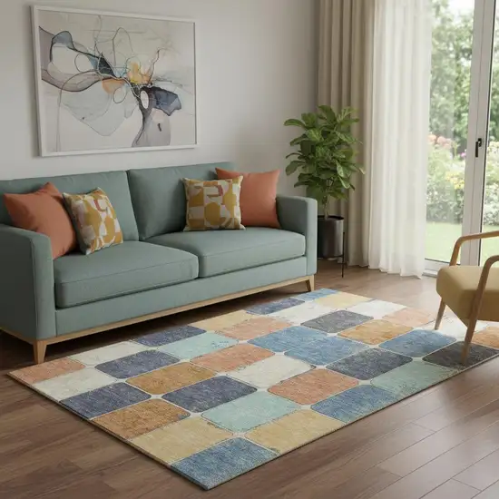 Rust Blue And Ivory Geometric Washable Area Rug With UV Protection Photo 2