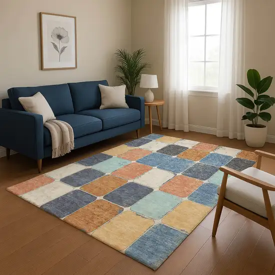 Rust Blue And Ivory Geometric Washable Area Rug With UV Protection Photo 5