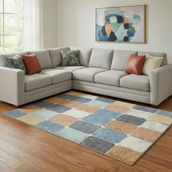 Rust Blue And Ivory Geometric Washable Area Rug With UV Protection Photo 2