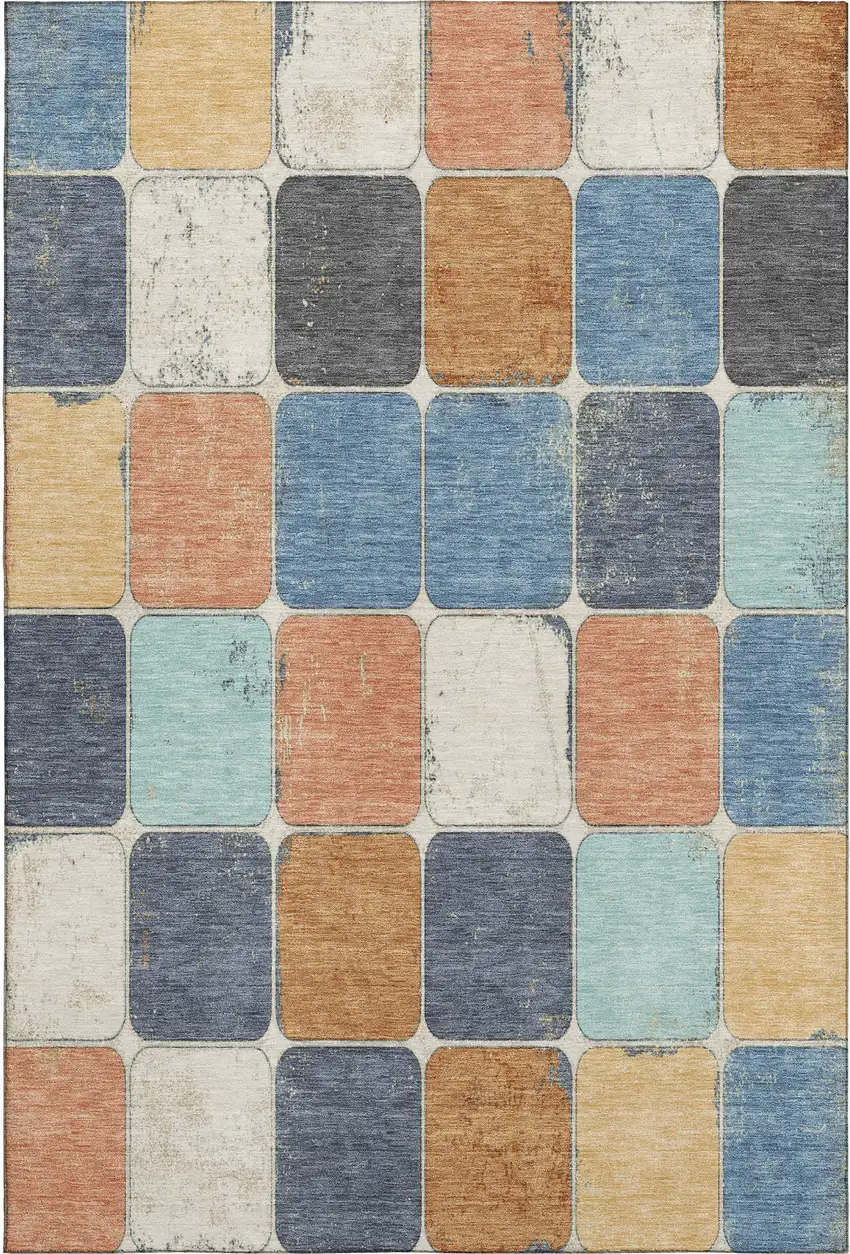 Rust Blue And Ivory Geometric Washable Area Rug With UV Protection Photo 1