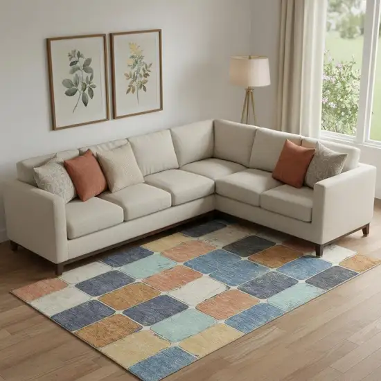 Rust Blue And Ivory Geometric Washable Area Rug With UV Protection Photo 2