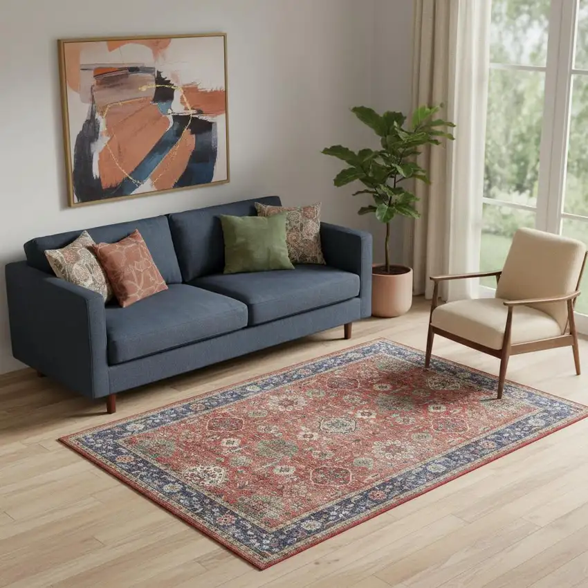 Rust Blue And White Oriental Distressed Area Rug Photo 1