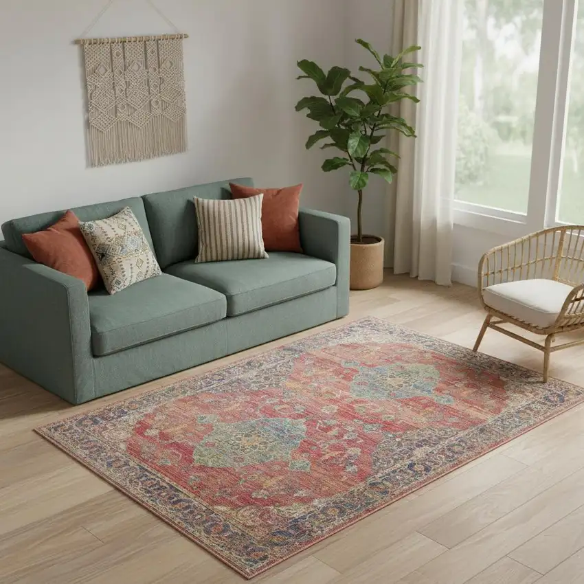 Rust Blue And Yellow Trellis Distressed Area Rug Photo 1