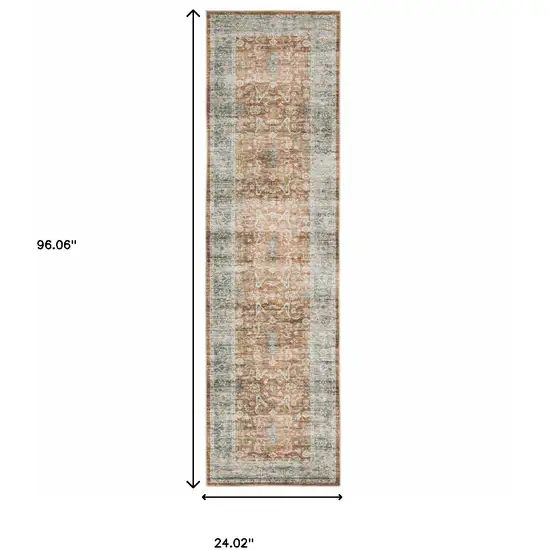 8' Rust And Blue Oriental Distressed Runner Rug Photo 3