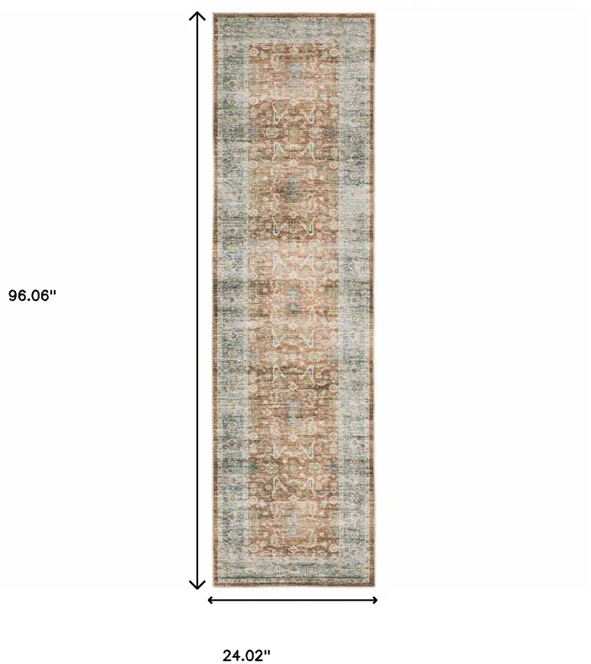 8' Rust And Blue Oriental Distressed Runner Rug Photo 3