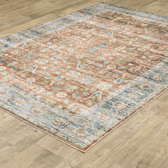 8' Rust And Blue Oriental Distressed Runner Rug Photo 6