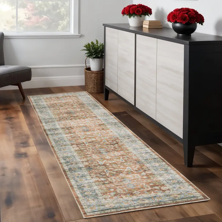 Rust Blue Ivory And Gold Oriental Printed Stain Resistant Non Skid Runner Rug Photo 2