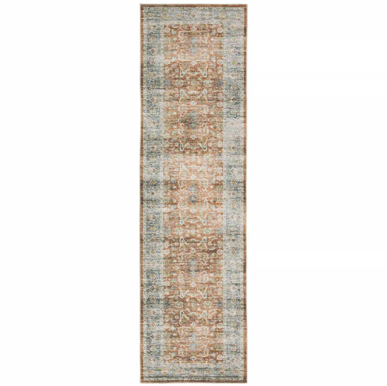 Rust Blue Ivory And Gold Oriental Printed Stain Resistant Non Skid Runner Rug Photo 3