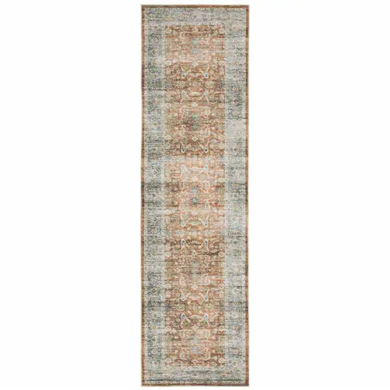 8' Rust And Blue Oriental Distressed Runner Rug Photo 2