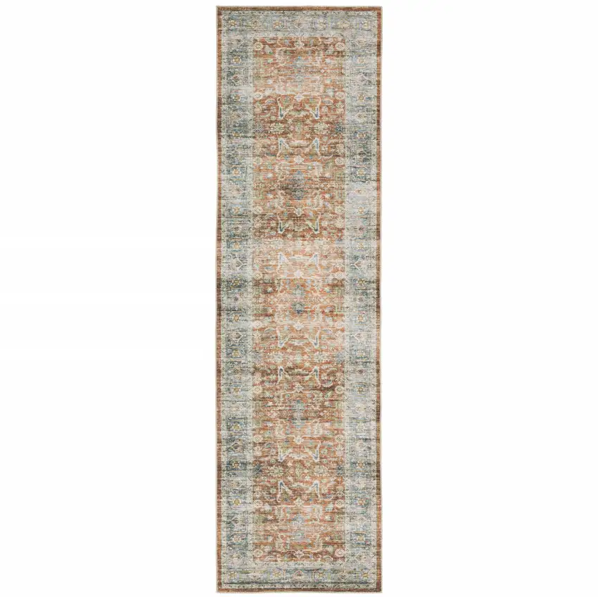 8' Rust And Blue Oriental Distressed Runner Rug Photo 2