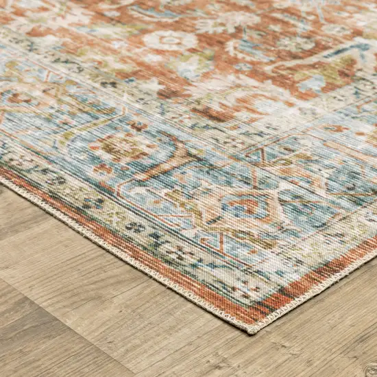 8' Rust And Blue Oriental Distressed Runner Rug Photo 4