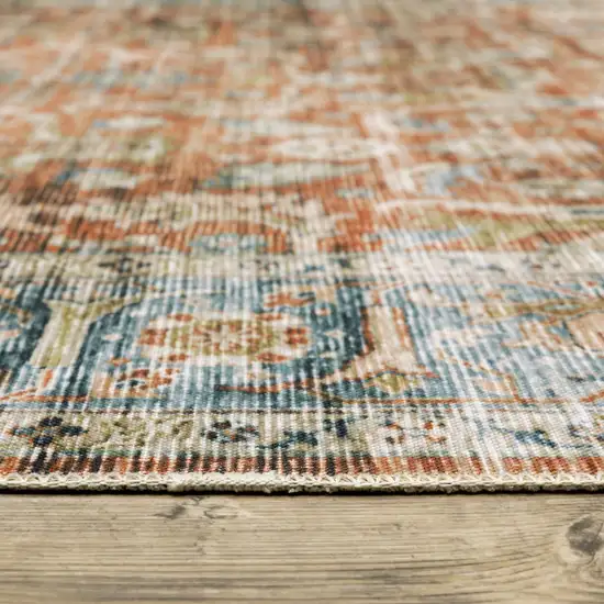 8' Rust And Blue Oriental Distressed Runner Rug Photo 5