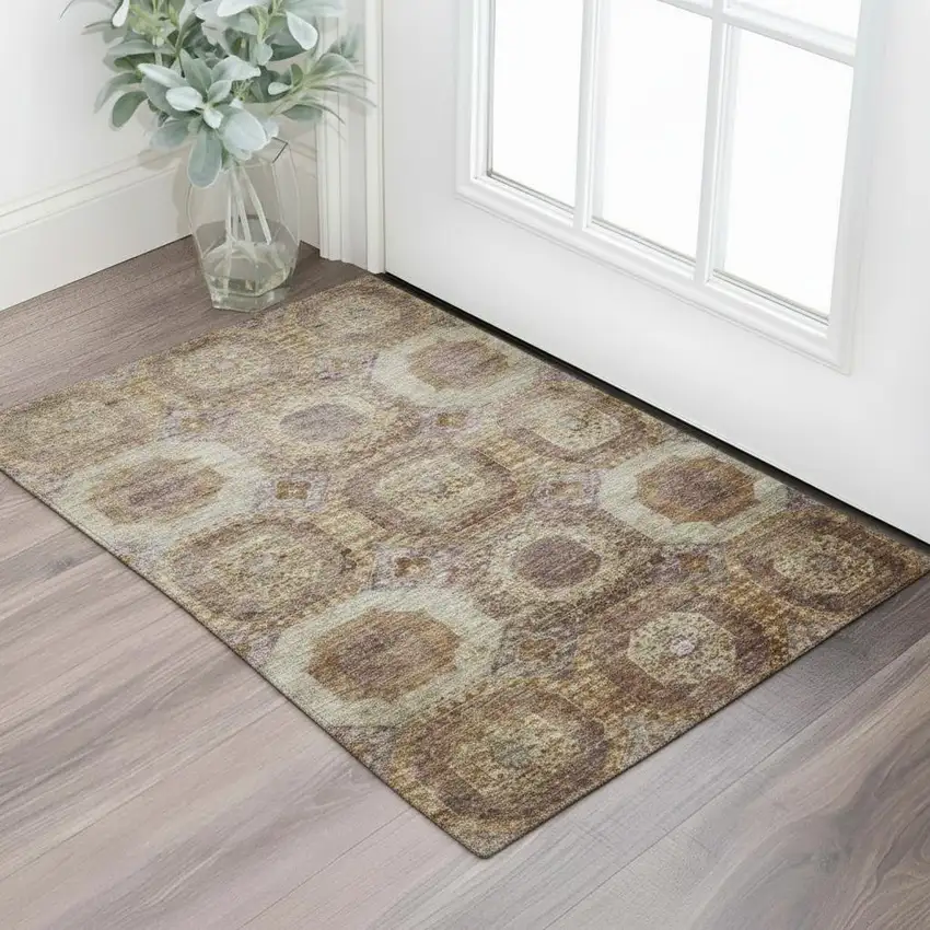 Rust Brown And Beige Abstract Geometric Washable Area Rug With UV Protection Photo 2