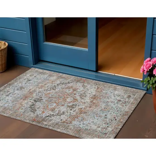 Rust Brown And Beige Floral Washable Indoor Outdoor Area Rug Photo 2