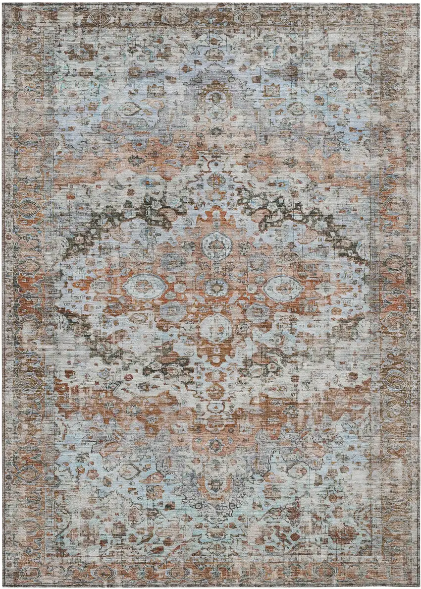 Rust Brown And Beige Floral Washable Indoor Outdoor Area Rug Photo 1