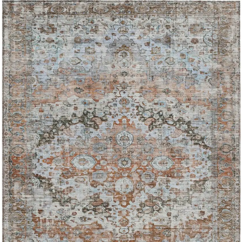 Rust Brown And Beige Floral Washable Indoor Outdoor Area Rug Photo 9