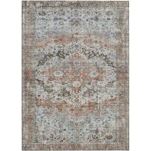 Photo of Rust Brown And Beige Floral Washable Indoor Outdoor Area Rug